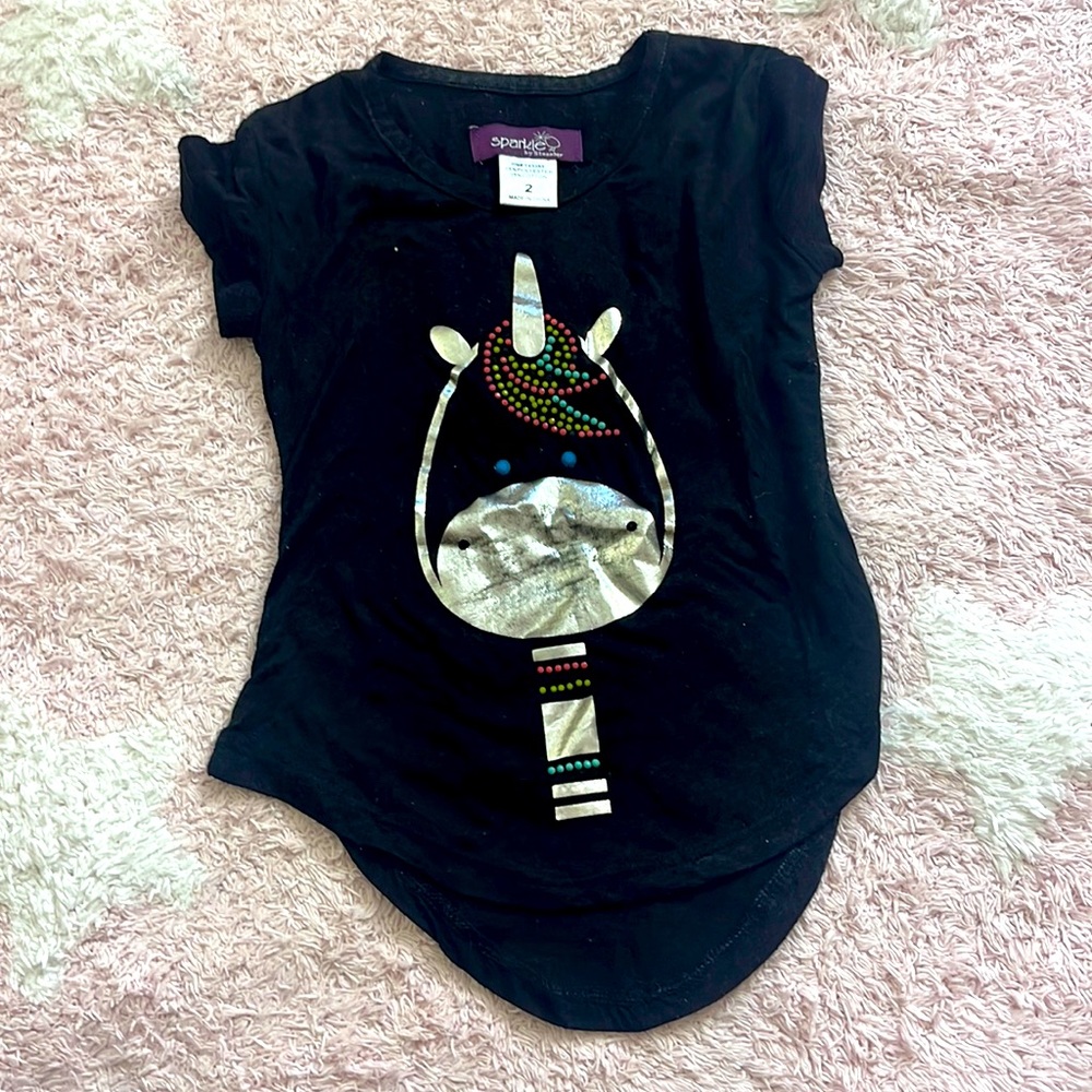 Sparkle by Stoopher silver and multicolored rhinestone unicorn t shirt 2 T